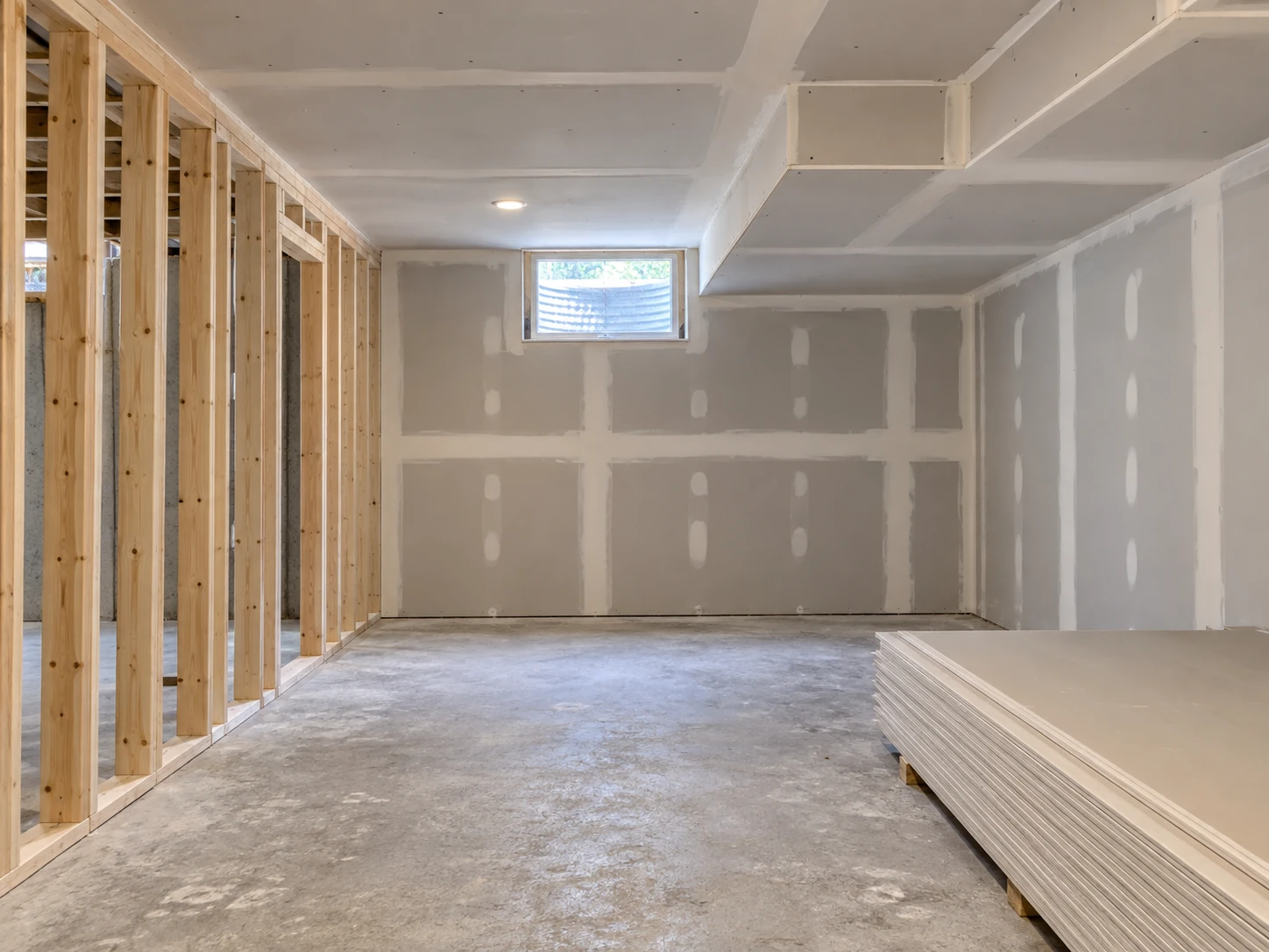 Basement build-out in progress with wood partitions, drywall finishing, and a boxed ceiling soffit