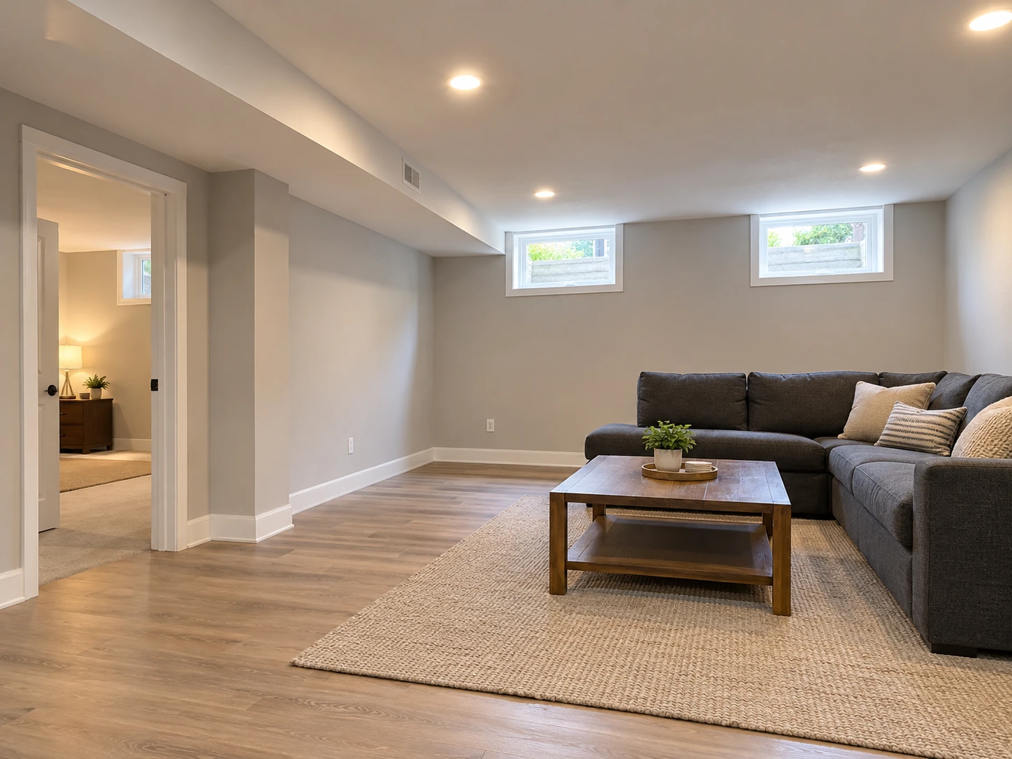 Finished basement family room with seating, smooth walls, and high windows.
