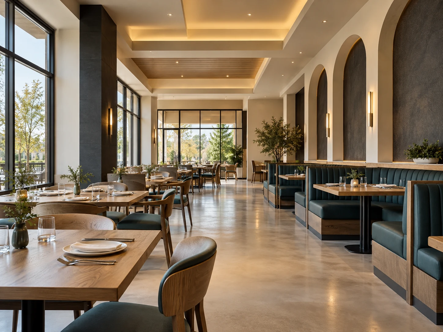 Restaurant interior with smooth walls, architectural drywall soffits, and seating areas.