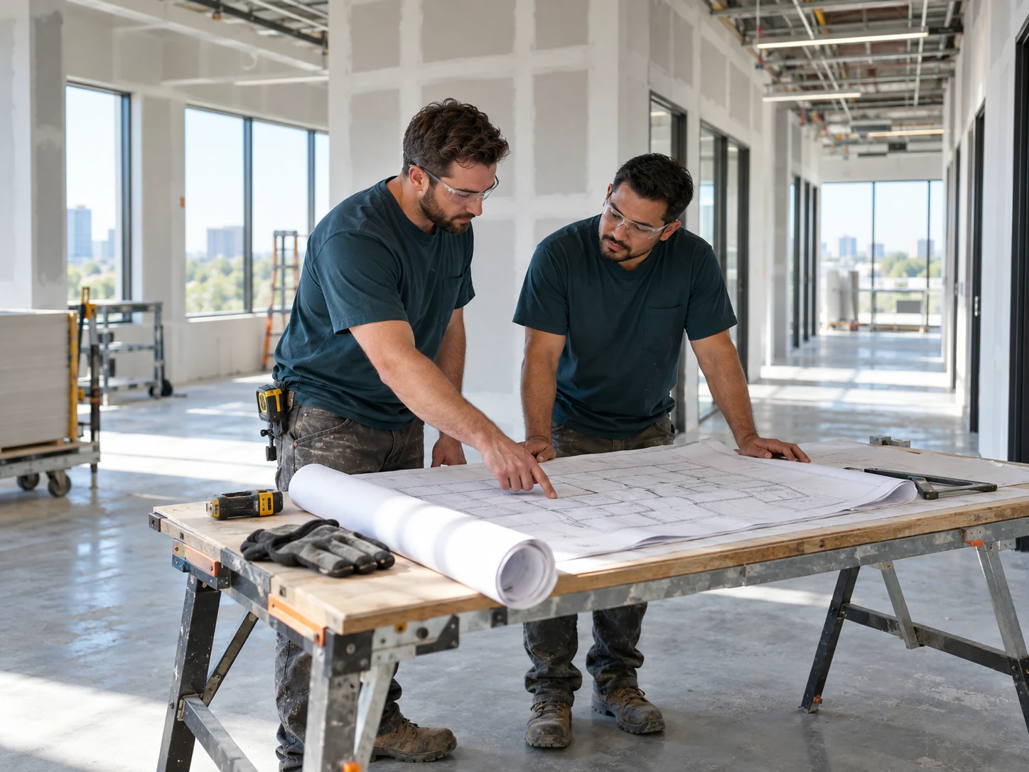Construction professionals reviewing drawings in a commercial drywall build-out.
