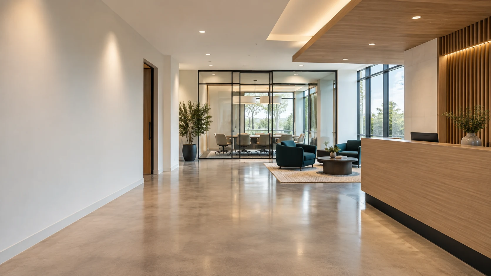 Commercial office reception with smooth drywall walls, ceiling soffits, and natural light.