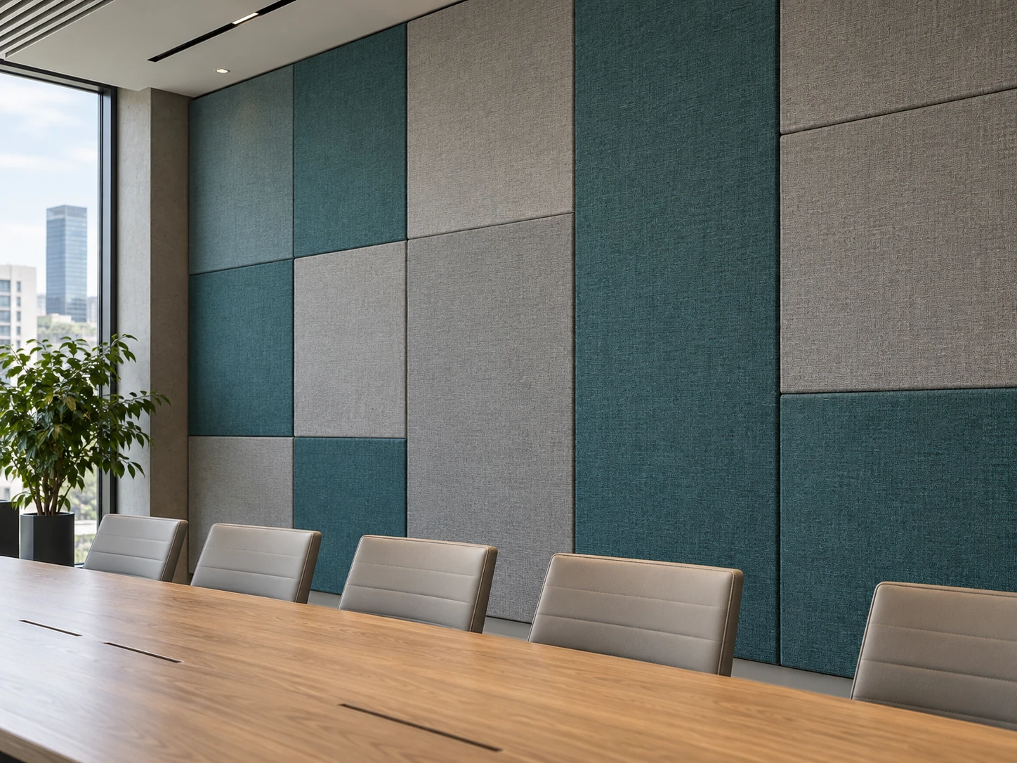 Illustration of woven acoustic wall panels in a modern meeting room