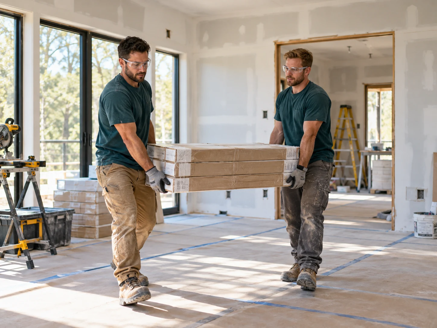 Two workers moving packaged materials through a residential renovation interior.