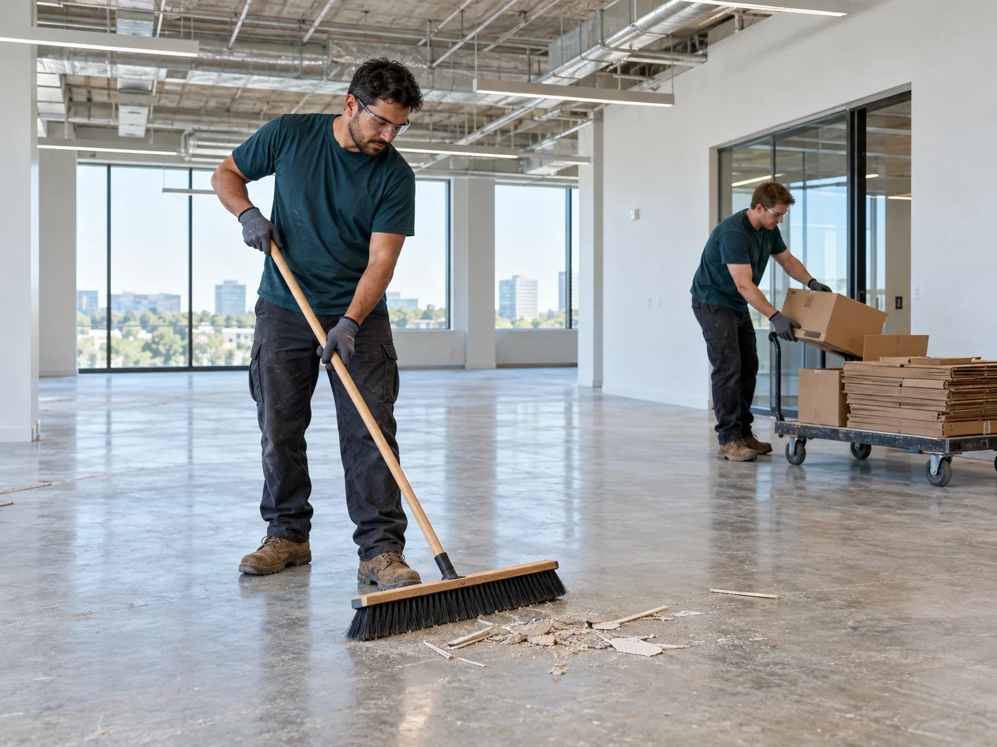 Workers sweeping an office build-out and organizing empty cartons on a wheeled cart.