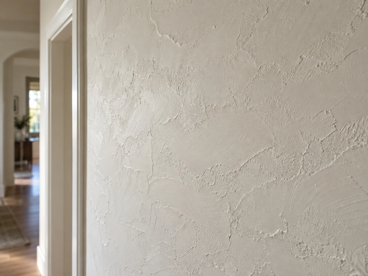Hand-troweled wall texture with shallow overlapping patterns beside a doorway.