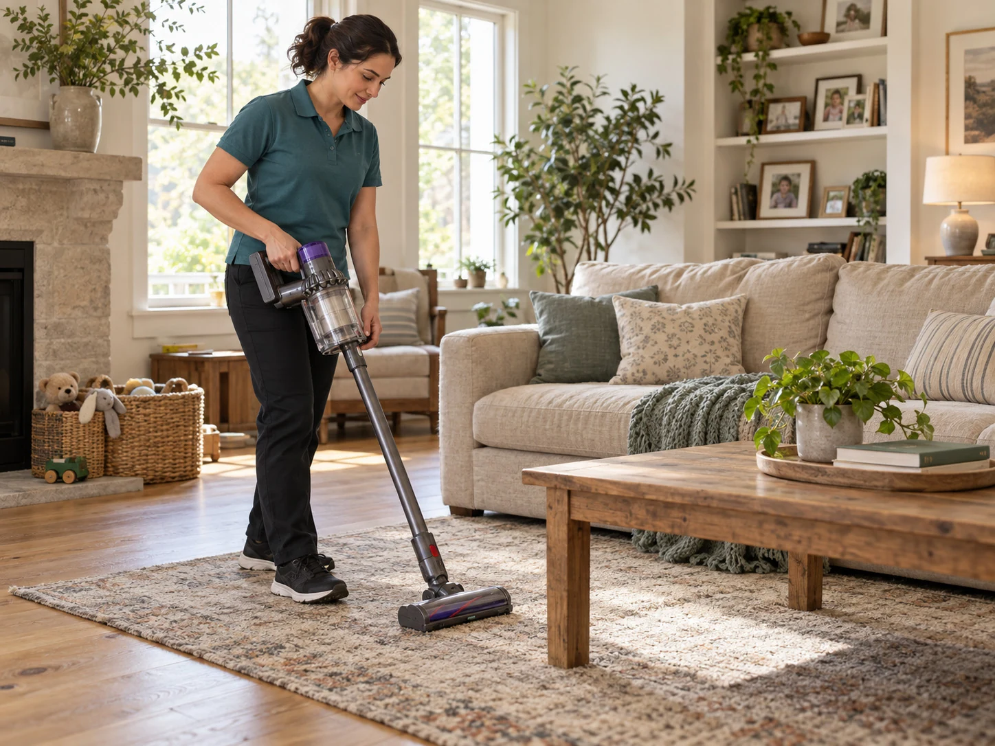 Housekeeper vacuuming a rug in a furnished family living room.