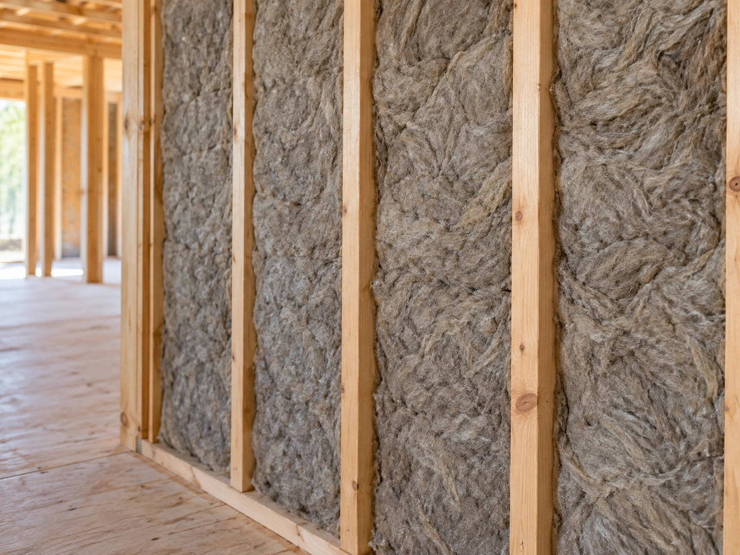 Close view of mineral wool insulation between wood wall studs.
