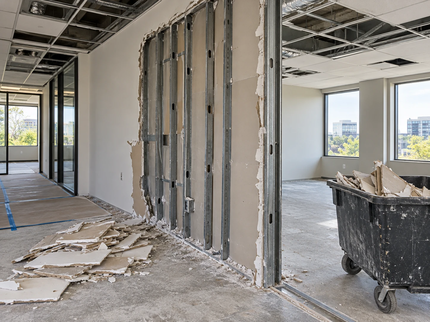 Illustration of selective interior demolition exposing metal wall studs