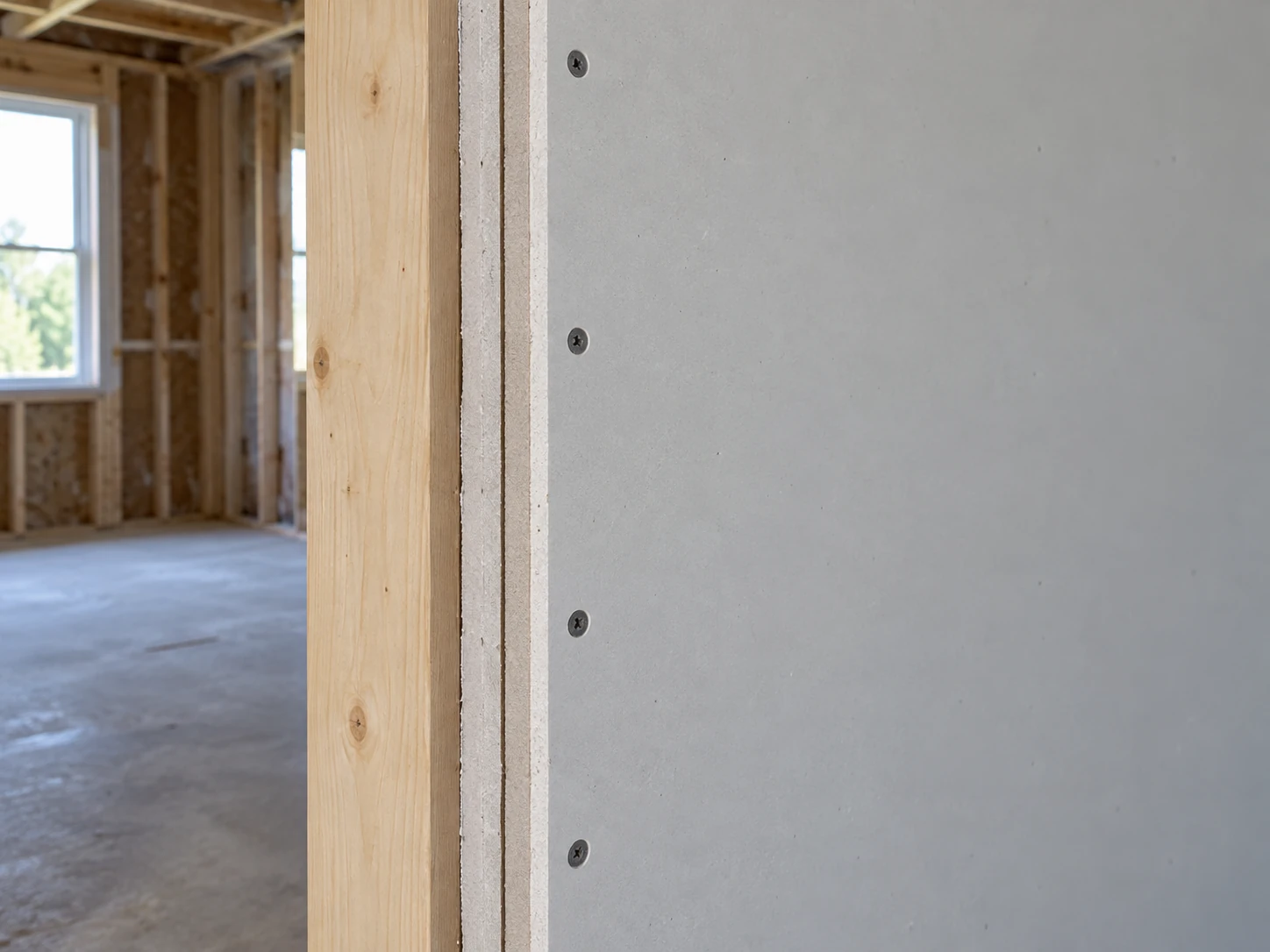 Close construction detail showing layered gypsum wallboard at an unfinished doorway.