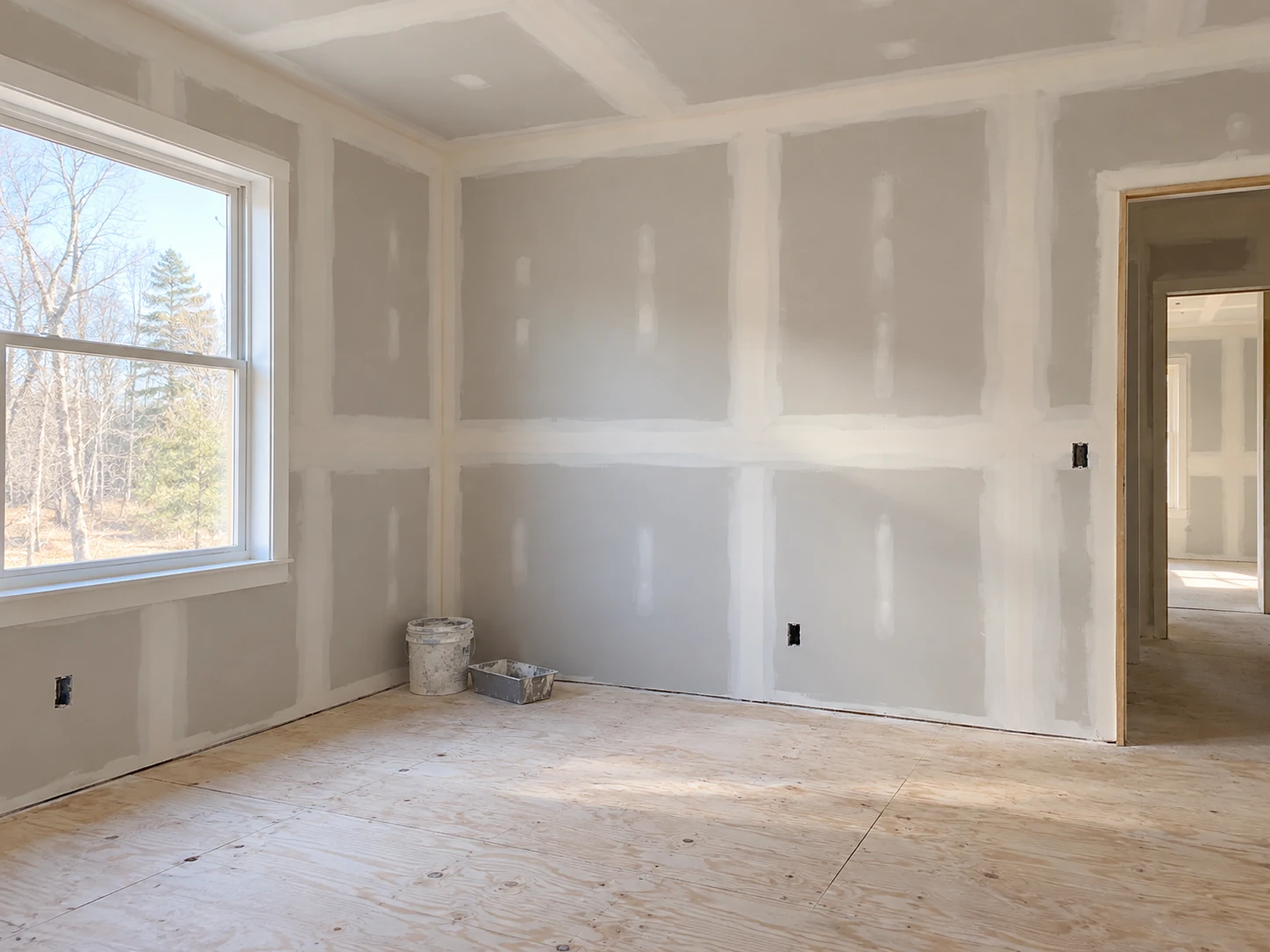 Residential bedroom during drywall finishing with joint compound over seams, corners, and fasteners