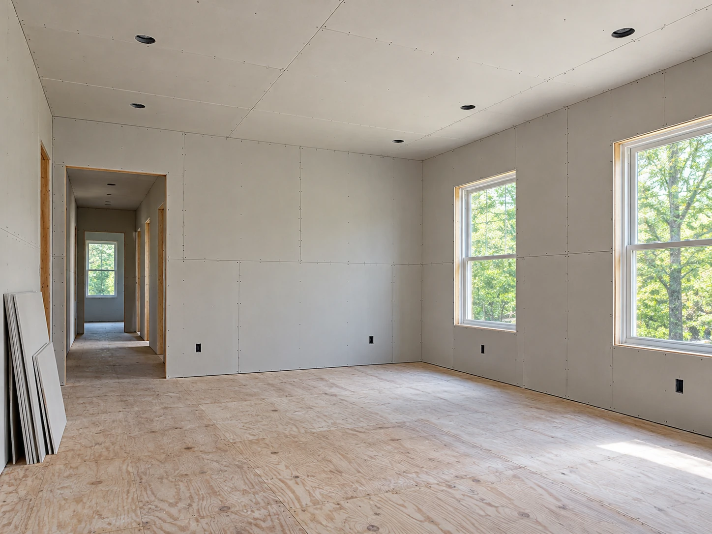 Newly hung drywall on the walls and ceiling of a residential room.