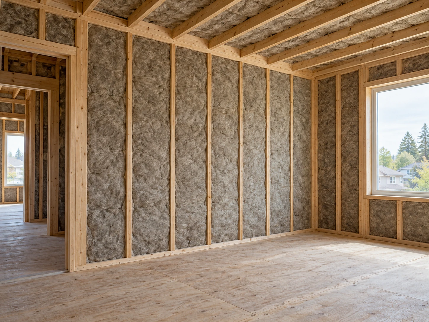 Insulation fitted between wood studs before drywall installation.