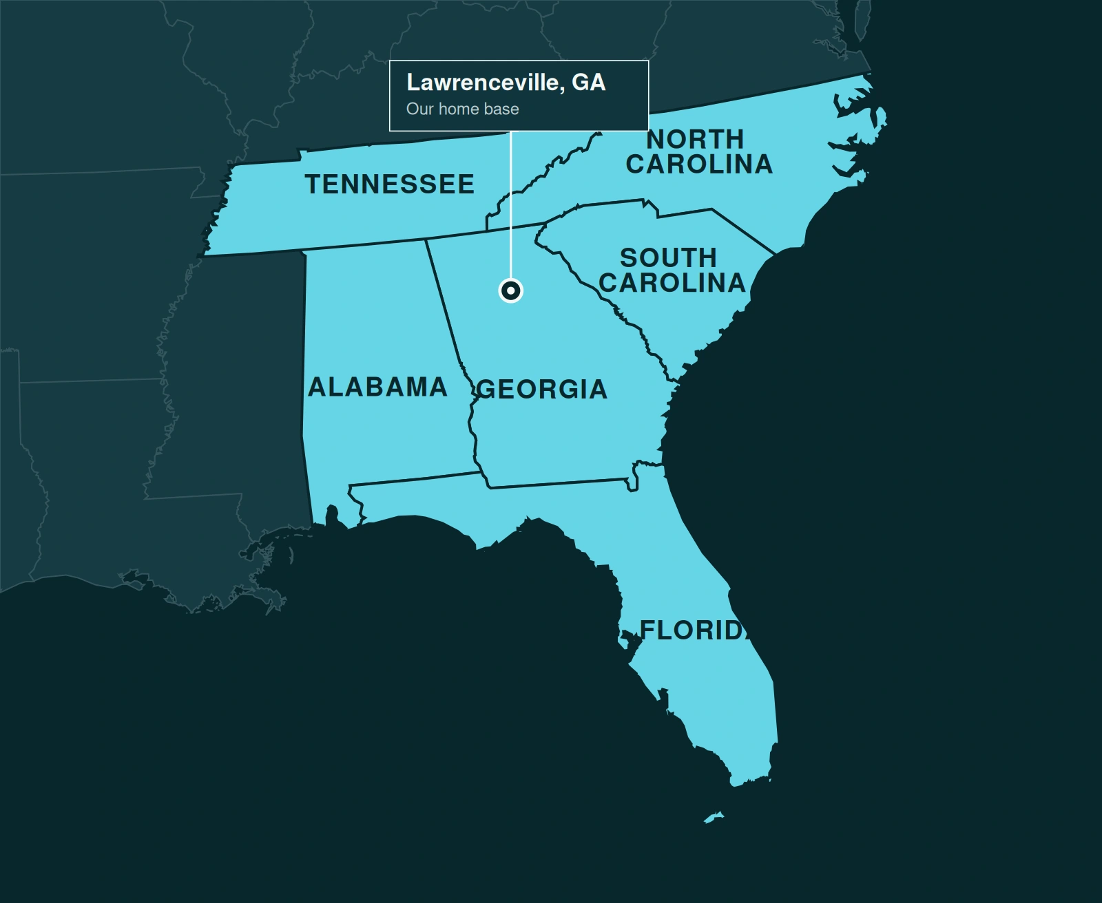 Map highlighting Georgia, Alabama, North Carolina, South Carolina, Tennessee, and Florida, with Lawrenceville, Georgia marked as the home base.