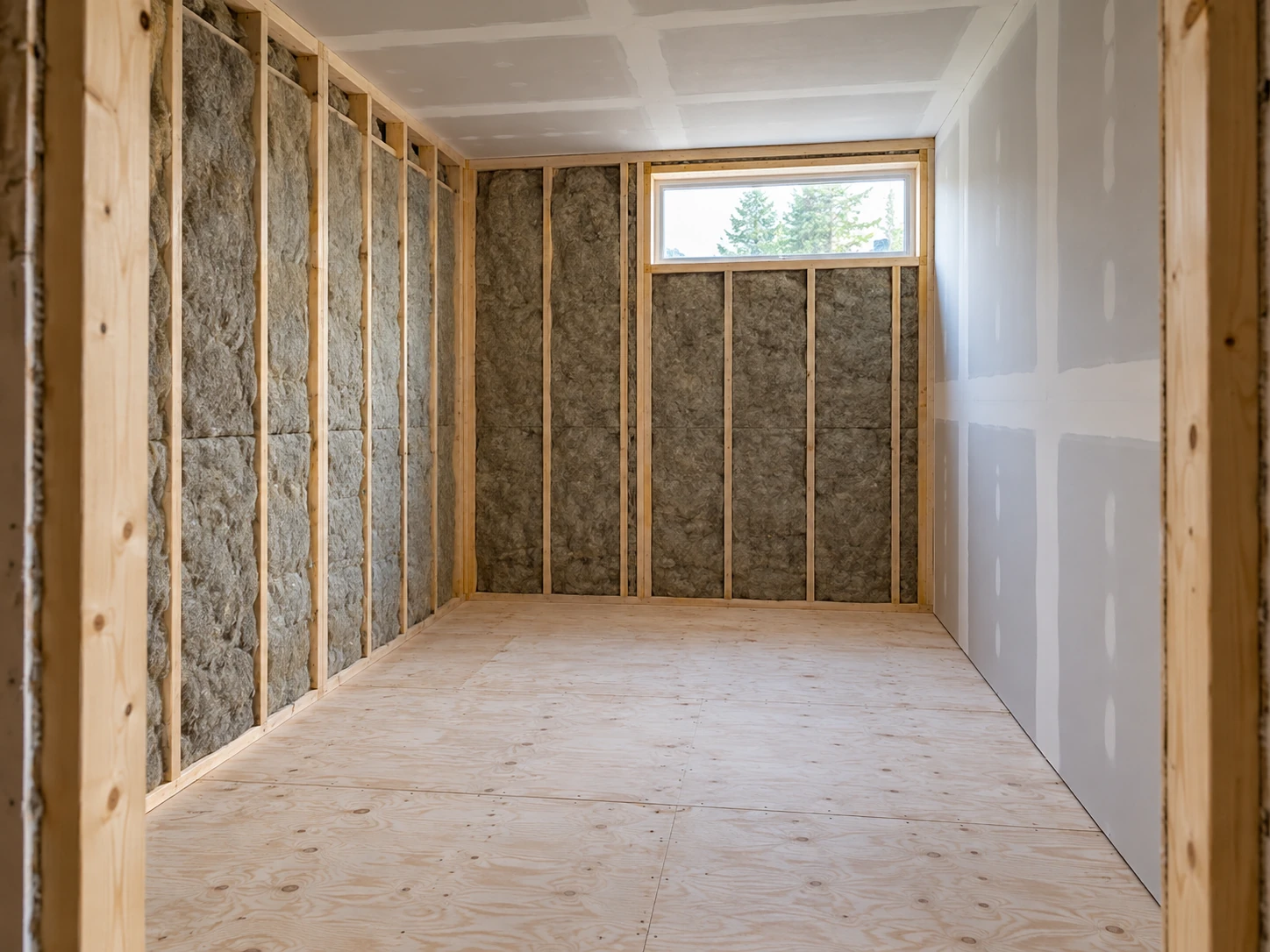 Insulated residential partition beside installed drywall.