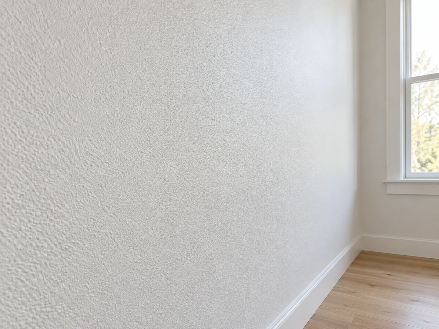 Fine spray-applied texture on a painted residential wall beside a window.